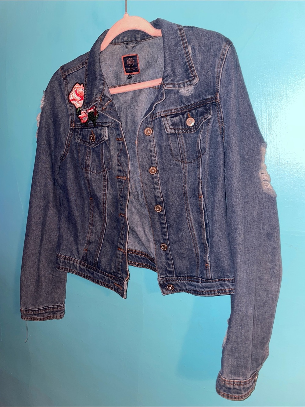 Denim Women's Jacket with Rose Patch - Blue